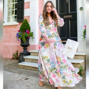 Beulah Style Floral White Cream Long Sleeve Dress